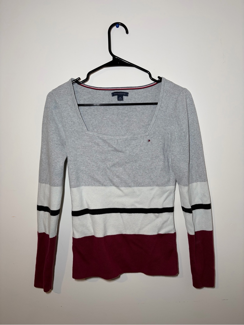 Tommy Hilfiger Gray White Black and Burgundy Striped Scoop Neck Sweater